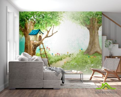 выбрать Фотообои Домик на дереве Фотообои Фотообои Иллюстрации: горизонталная, горизонтальная, рисунок ориентация на стену