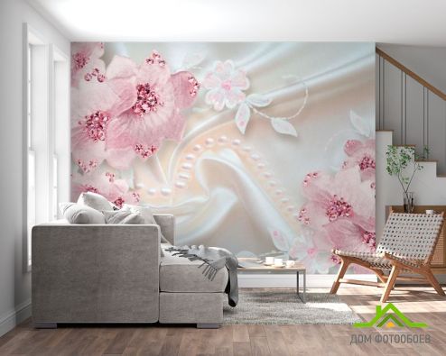 выбрать Фотообои Розовые цветы на атласе Фотообои 3D фотообои: горизонталная, горизонтальная ориентация на стену