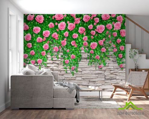 выбрать Фотообои Каменная стена с розами Фотообои 3D фотообои: горизонталная, горизонтальная ориентация на стену