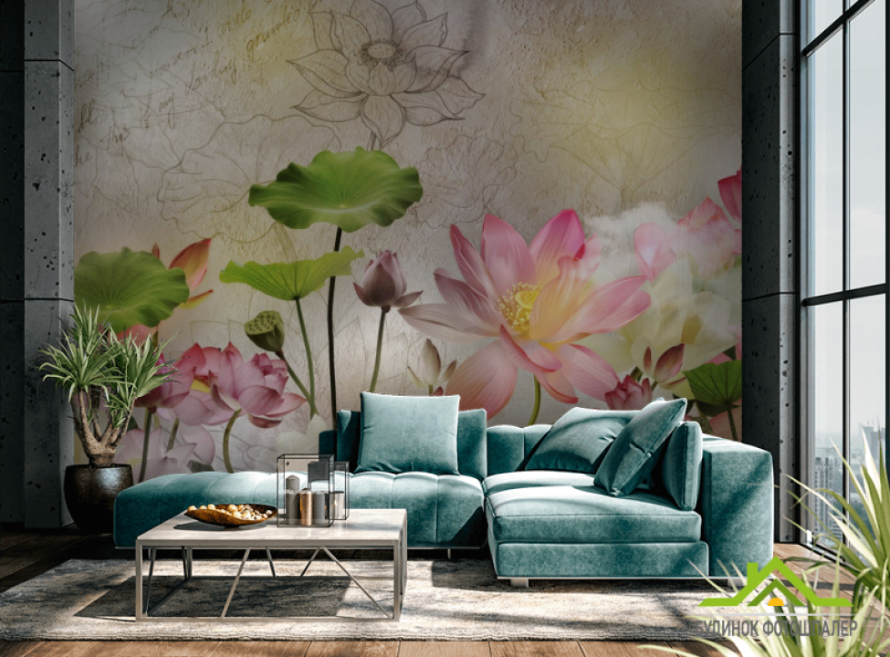 выбрать Фотошпалери Лотоси на тлі бетону Каталог фотошпалер на стіну