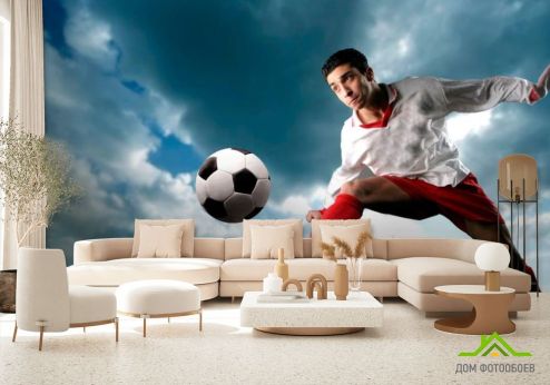 выбрать Фотообои Футболист с мячом Фотообои, цвет: «горизонталная, горизонтальная» на стену