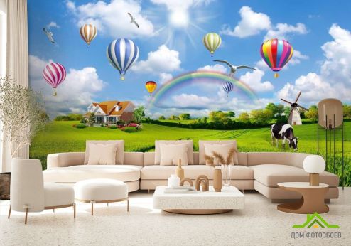 выбрать Фотообои Воздушные шары над полем Фотообои, цвет: «» на стену