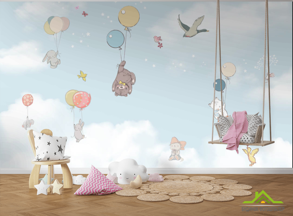 выбрать Фотошпалери Звірі в небо на повітряних кульках Фотошпалери Little kids на стіну
