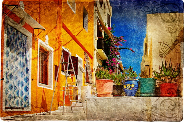 Фотообои Цветы в горшках на фоне дома