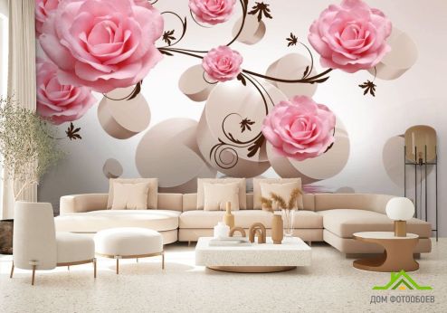 выбрать ФотообоиРозовые троянди і 3д сфери Фотошпалери Фотошпалери Квіти -  на стіну