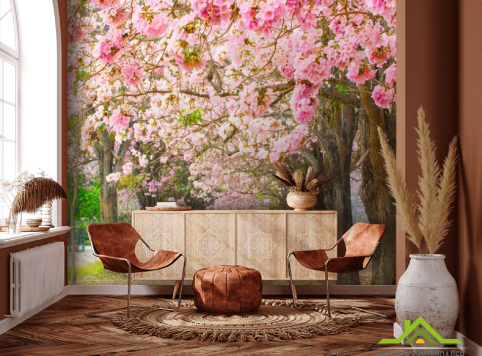 выбрать Фотообои аллея из розовых деревьев Каталог фотообоев на стену