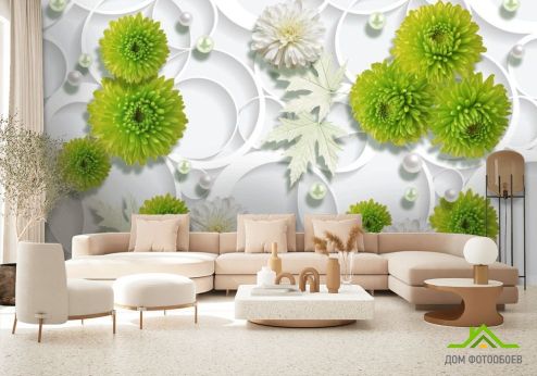 выбрать Фотообои зеленые цветы на фоне белых кругов Фотообои Цветы на стену