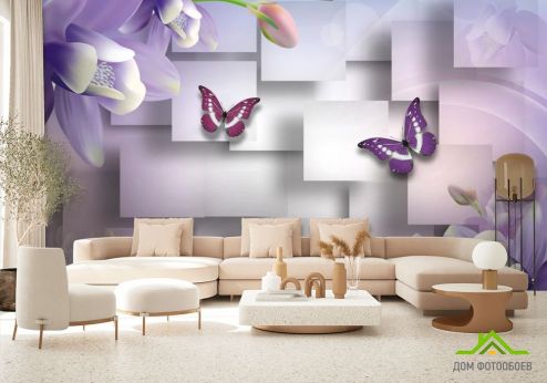 выбрать Фотошпалери Квіти з метеликами Фотошпалери 3D фотошпалери : квадратна, горизонтальна, фіолетовий орієнтація на стіну