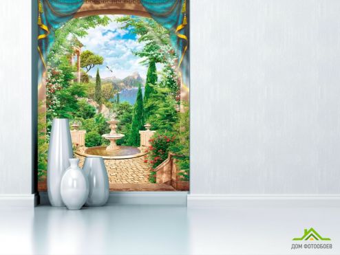 выбрать Фотообои Арка, море, деревья, фонтан Фотообои Фотообои Дизайнерские фрески: фото, вертикальная  на стену