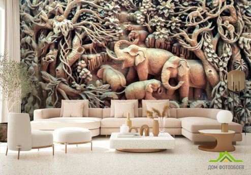 выбрать Фотообои деревянные слоны Фотообои 3Д барельеф на стену