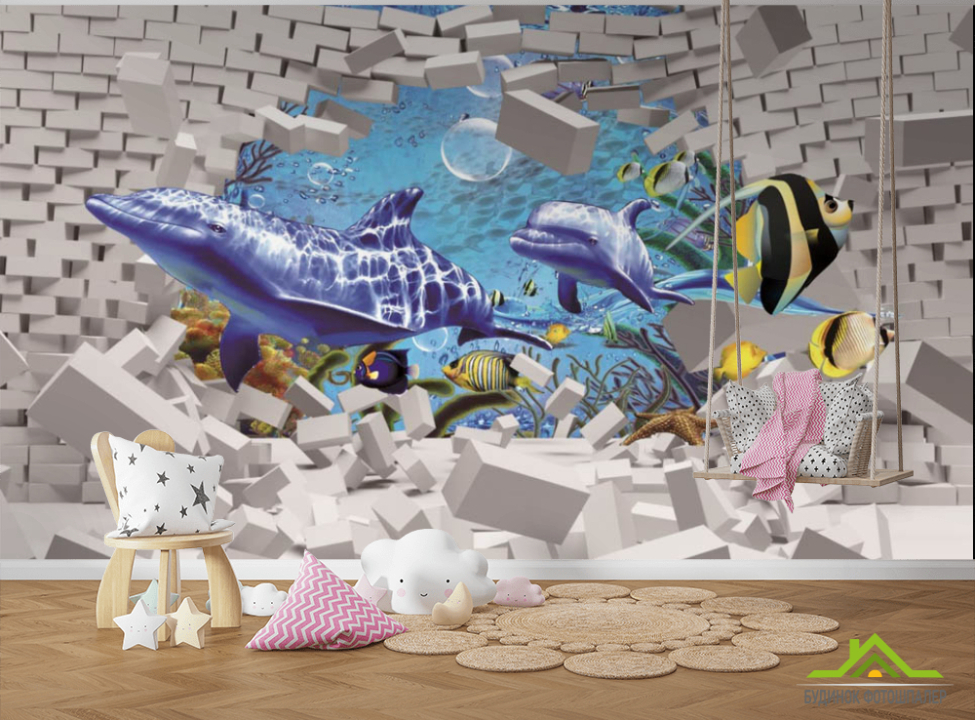 выбрать Фотошпалери цегляна стіна і дельфіни Каталог фотошпалер на стіну