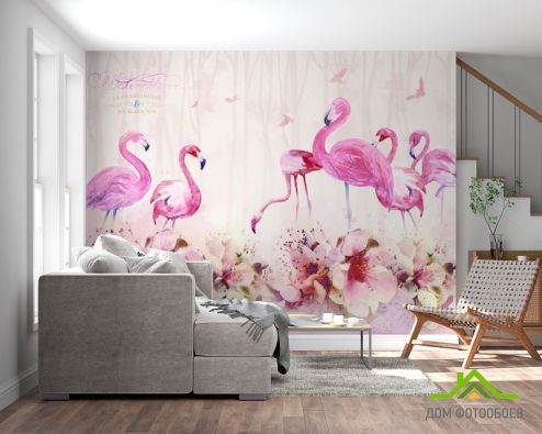 выбрать Фотообои Акварельные фламинго Фотообои Животные на стену