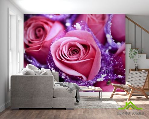 выбрать Фотообои розовые розы в сереневой сетке Фотообои Розы на стену