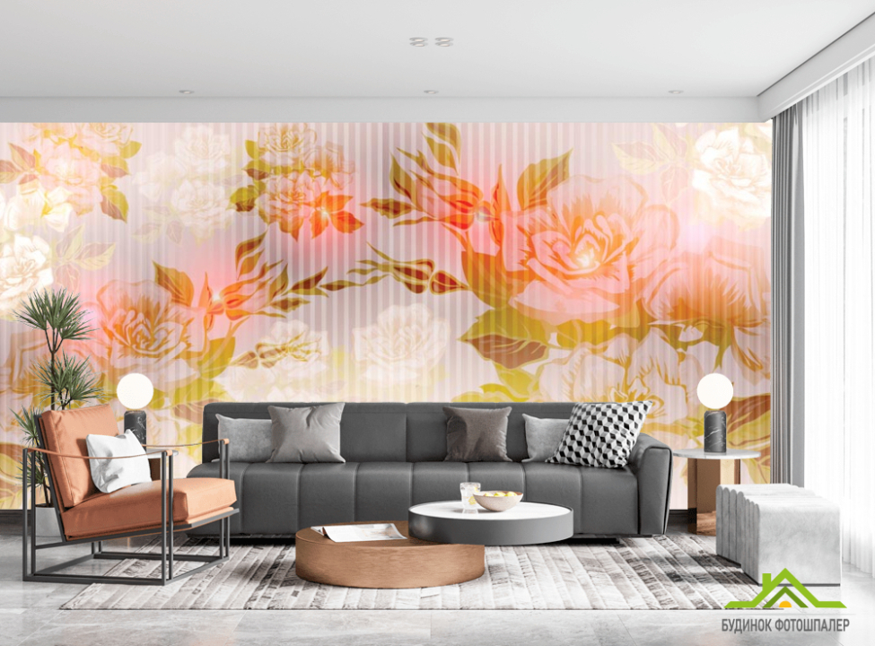 выбрать Фотообои Оранжевый принт с цветами Каталог фотообоев на стену