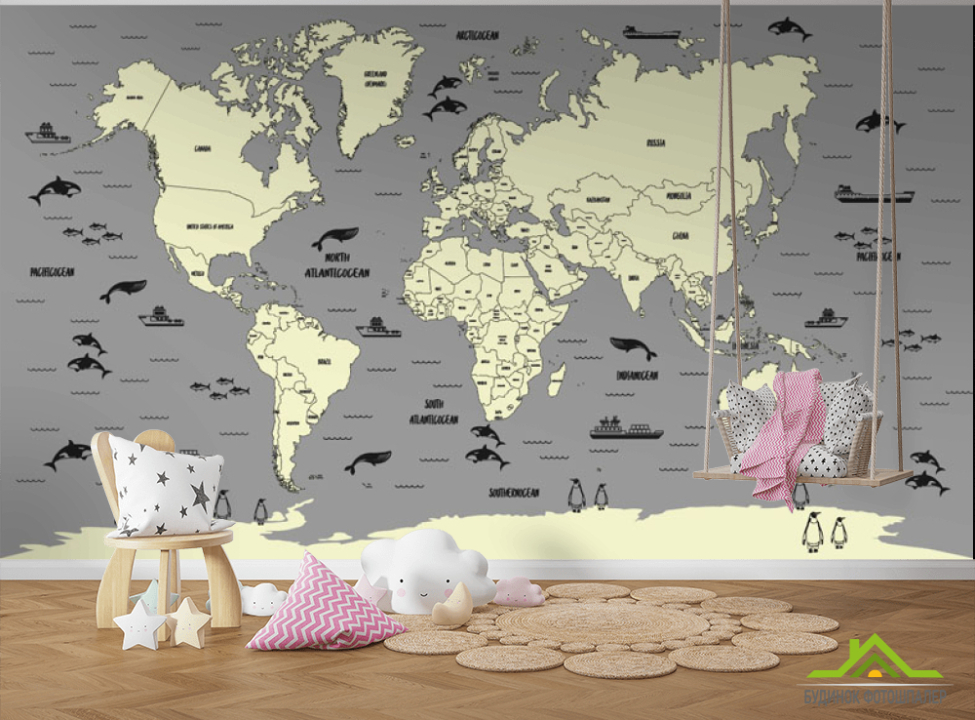 выбрать Фотообои Карта в сером цвете в детскую Каталог фотообоев на стену