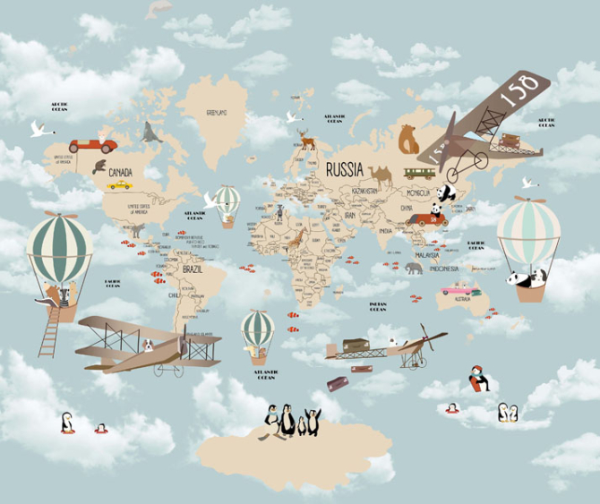 Фотошпалери Дитяча карта з літаками і повітряними кулями англійською