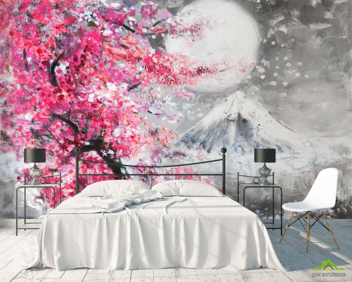 Фотообои картина белая луна над розовым деревом