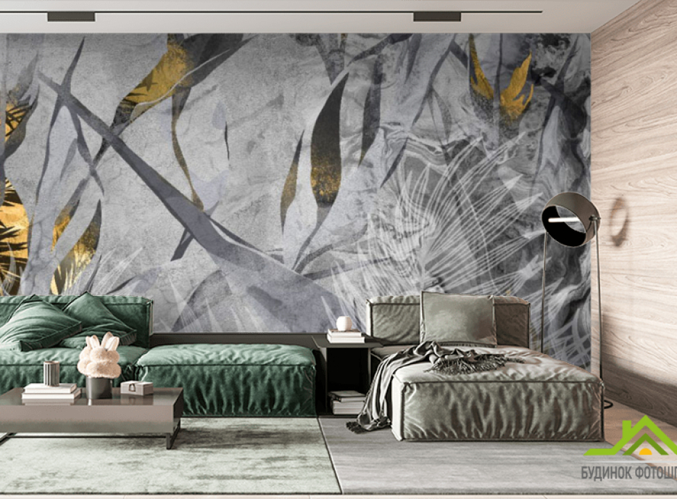 выбрать Фотообои Серые тропические листья с золотом. Каталог фотообоев на стену