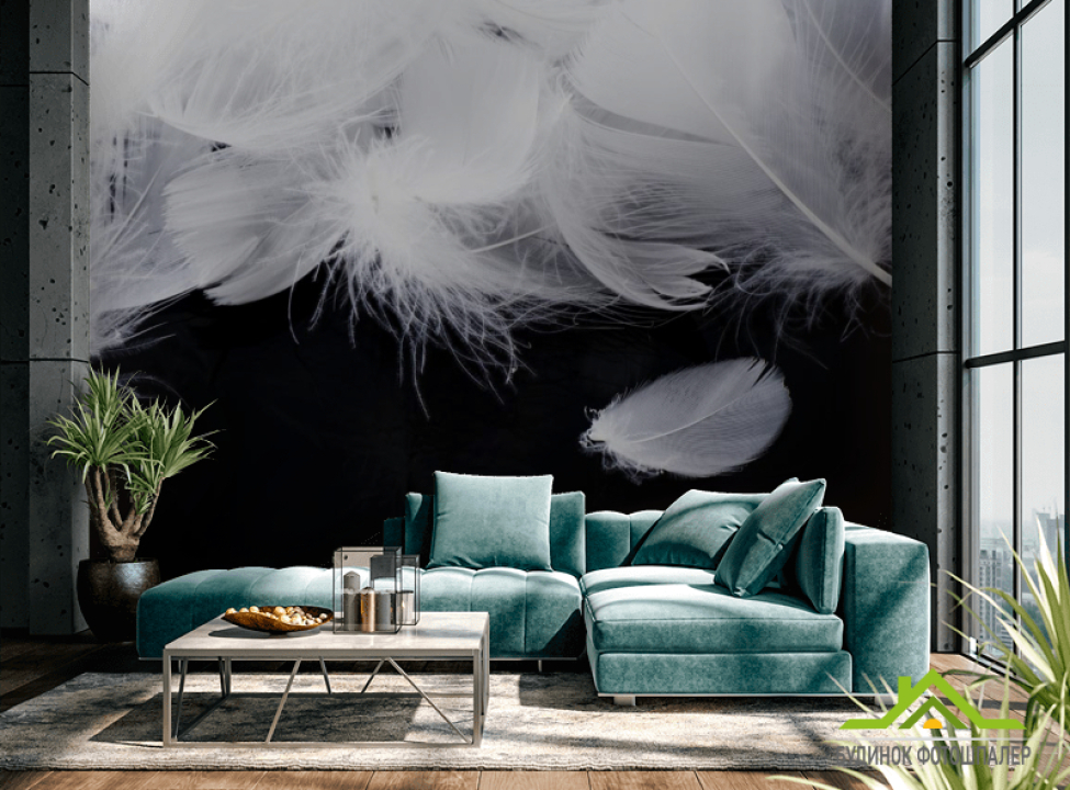 выбрать Фотошпалери білі пір'я на чорному тлі Каталог фотошпалер на стіну