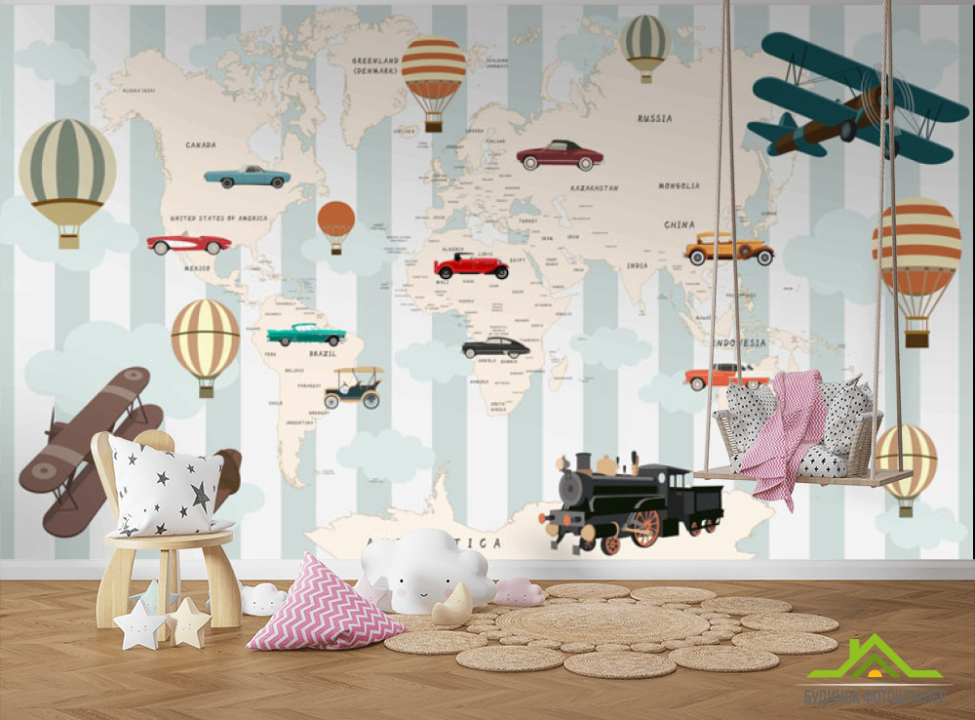 выбрать Фотошпалери Карта дитяча для хлопчика з машинами Каталог фотошпалер на стіну