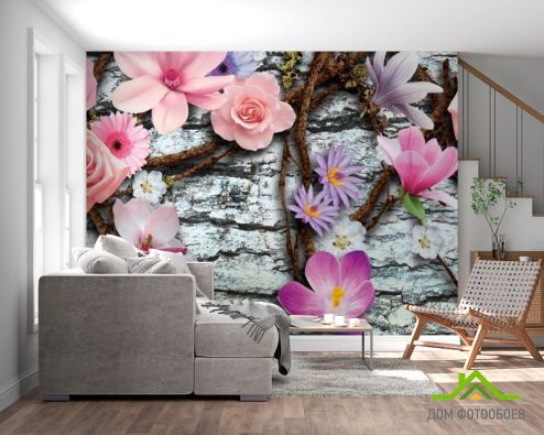 выбрать Фотообои Цветы на фоне стены Фотообои 3Д на стену