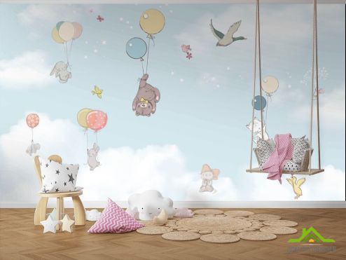 выбрать Фотообои Звери в небе на воздушных шариках Фотообои Little kids на стену