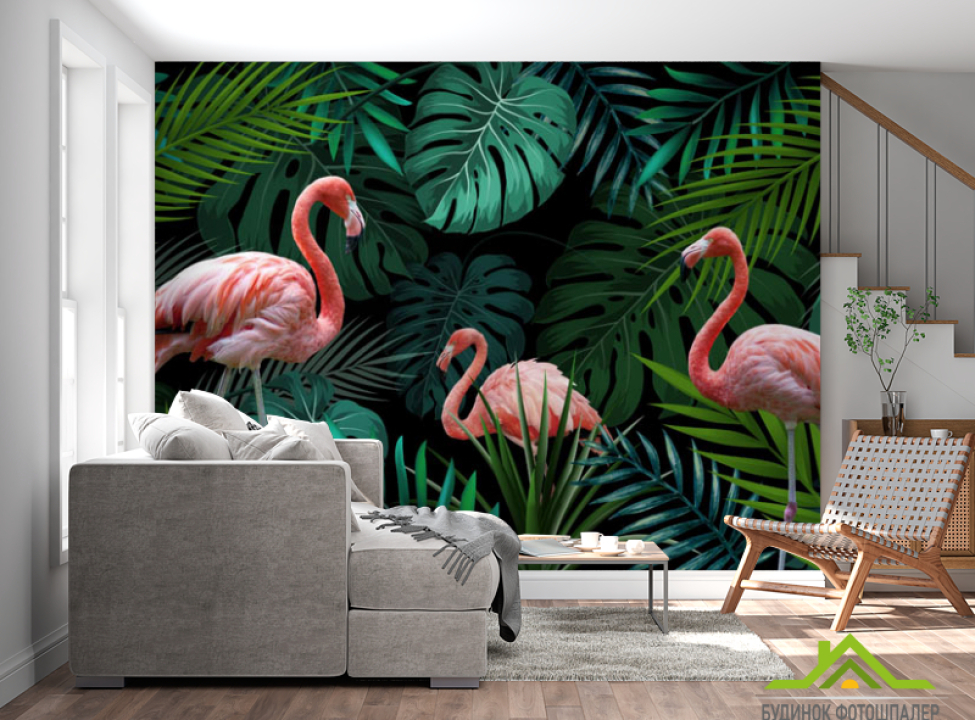 выбрать Фотошпалери фламінго на тропічних листках Каталог фотошпалер на стіну