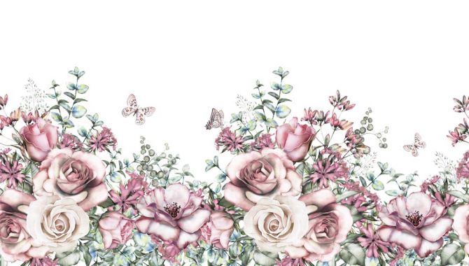 Фотообои розовые акварельные розы на белом фоне