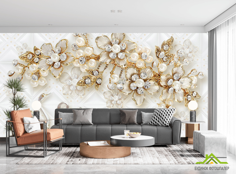 выбрать Фотошпалери Золоті квіти з лебедями Каталог фотошпалер на стіну