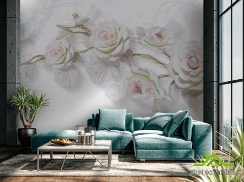 выбрать Фотообои Ветка керамической розы Фотообои Фотообои 3D барельеф: горизонталная, горизонтальная, белый ориентация на стену