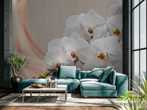 выбрать Фотообои Орхидеи на фоне ткани Фотообои Фотообои Цветы: горизонталная, горизонтальная на стену
