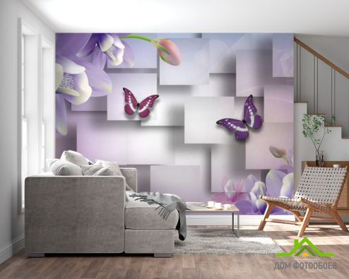 выбрать Фотошпалери Квіти з метеликами Фотошпалери Фотошпалери 3D квіти: картинка  на стіну