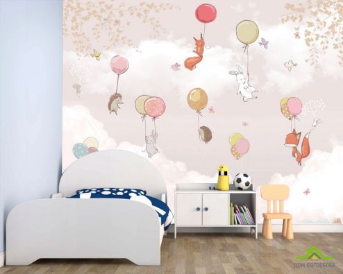 выбрать Фотообои Звери на воздушных шариках в розовом небе Фотообои, цвет: «квадратная» на стену