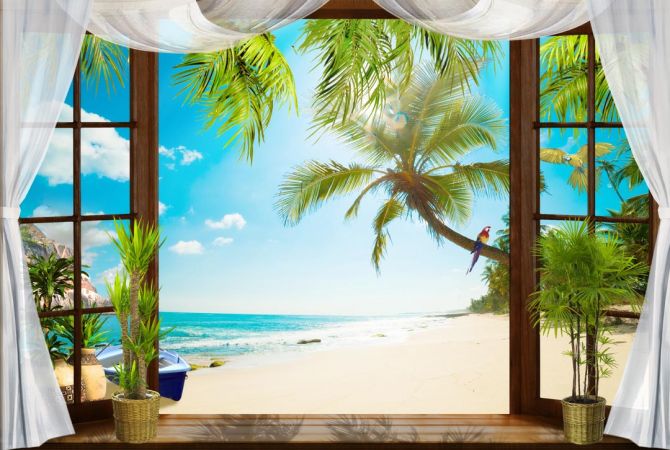 Фотообои Вид из окна на пальмы и море