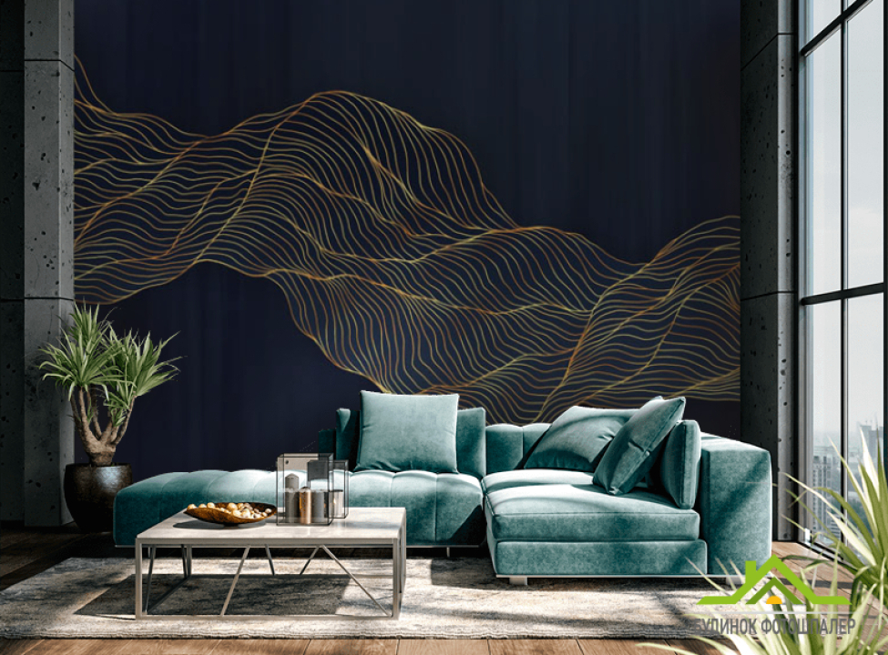 выбрать Фотошпалери абстрактні хвилі золоті на синьому тлі Каталог фотошпалер на стіну