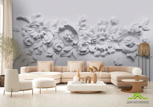 выбрать Фотообои Гипсовые цветы Фотообои 3D фотообои: горизонталная, горизонтальная ориентация на стену