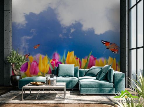 выбрать Фотообои Тюльпаны и бабочки Фотообои Фотообои Цветы: фото, голубой  на стену