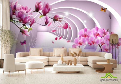 выбрать Фотошпалери Тунель і орхідеї 3d Рожеві фотошпалери на стіну
