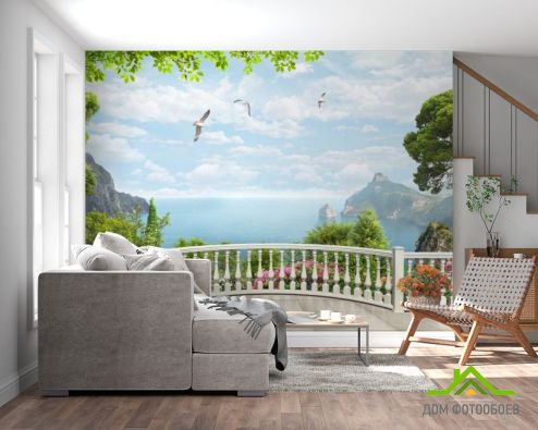 выбрать Фотообои Вид с балкона на море Фотообои Фотообои Дизайнерские фрески: горизонталная, горизонтальная ориентация на стену