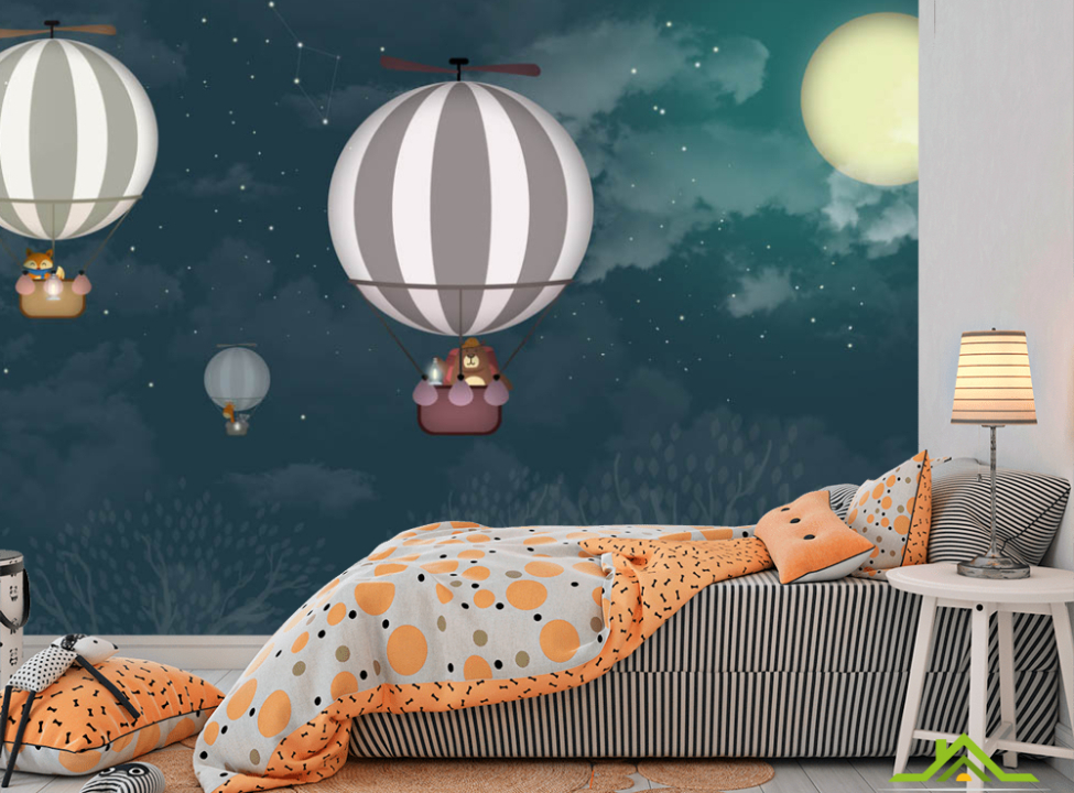 выбрать Фотошпалери Повітряні кулі в нічному небі Фотошпалери Little kids на стіну