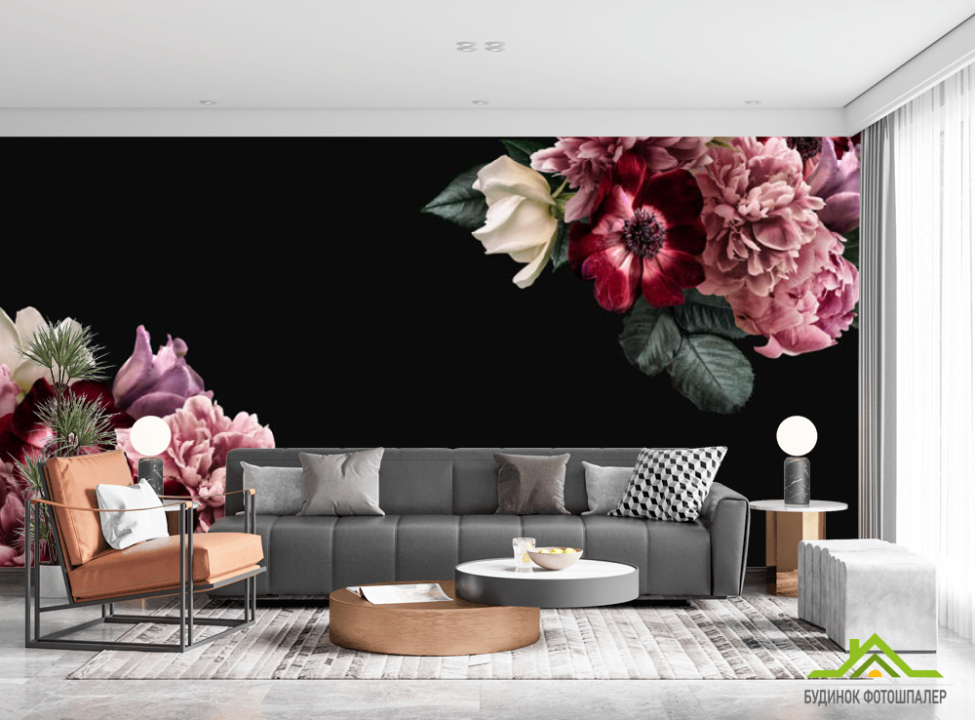 выбрать Фотошпалери квітковий мікс на чорному Каталог фотошпалер на стіну