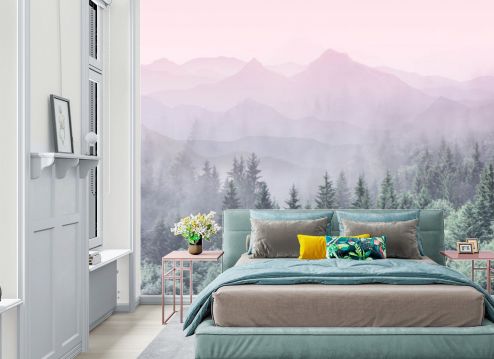 выбрать Фотообои Лес с розовыми горами Фотообои в спальню на стену