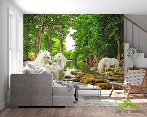 выбрать Фотошпалери Білі єдинороги в лісі Фотошпалери, колір: «» на стіну
