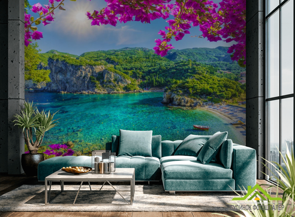 выбрать Фотообои вид на гавань через розовые ветки Каталог фотообоев на стену