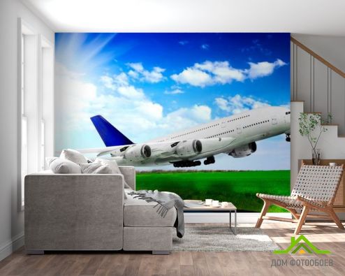 выбрать Фотообои Взлет самолета Фотообои Фотообои Транспорт: горизонталная, горизонтальная, фото ориентация на стену