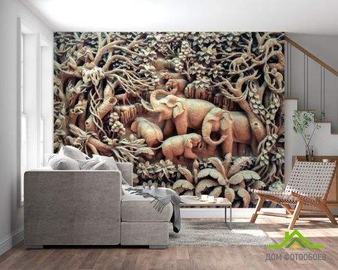 выбрать Фотообои деревянные слоны Фотообои 3D фотообои: горизонталная, горизонтальная ориентация на стену