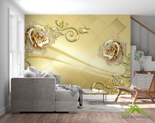 выбрать Фотообои  Золотые брошки на коричневом фоне Фотообои цветы 3d на стену