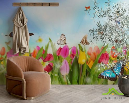 выбрать Фотошпалери Тюльпани, поле, метелики Фотошпалери Фотошпалери Квіти: фото, блакитний  на стіну