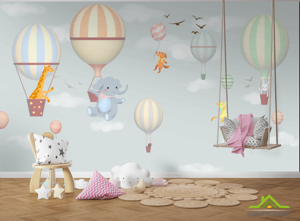 выбрать Фотообои зверюшки на шариках в небе Фотообои Little kids на стену