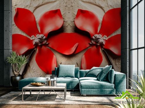 выбрать Фотообои Красные цветы Фотообои Фотообои 3D барельеф: горизонталная, горизонтальная, рисунок ориентация на стену